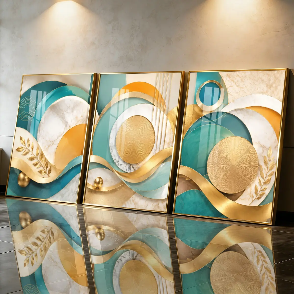 3 Count Aluminum Alloy Frame Canvas， Abstract Geometric Gold And Teal Circles Fashion Poster， Modern Living Room Decoration， Light Luxury Family Art， Suitable For Bedroom， Corridor And Office Wall Decor， Gift