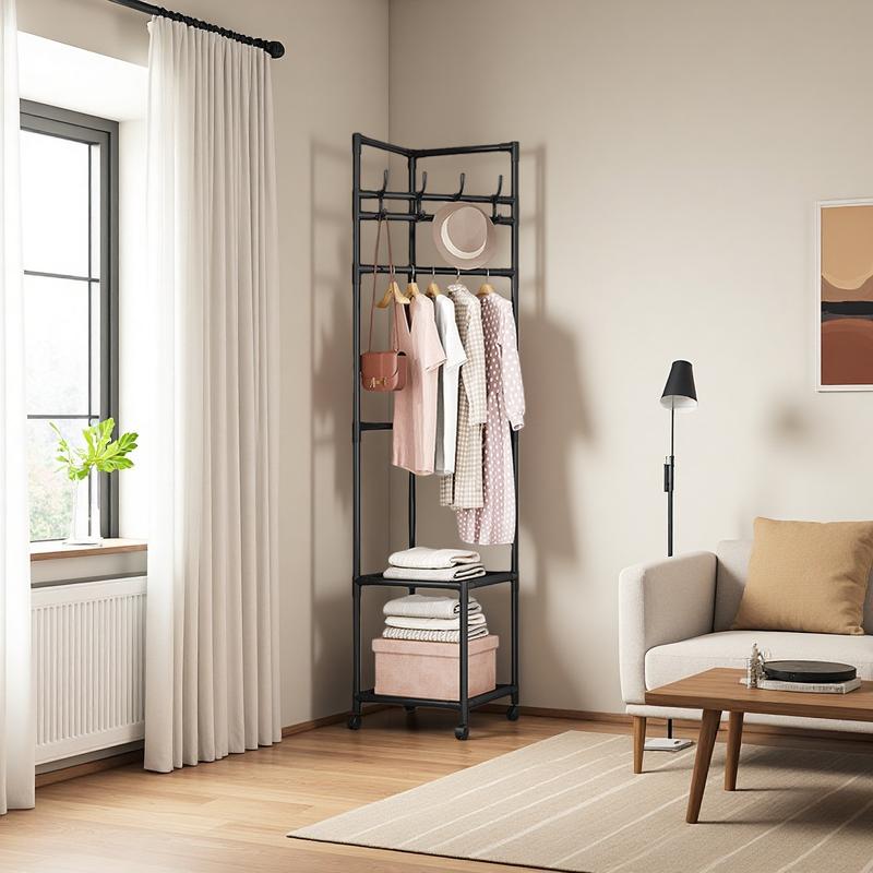 Black 2-Tier Freestanding Metal Coat Rack with 360 °   Swivel Wheels, Space-Saving Organizer with 4 Hooks & Storage Shelves for Bedroom/Entryway