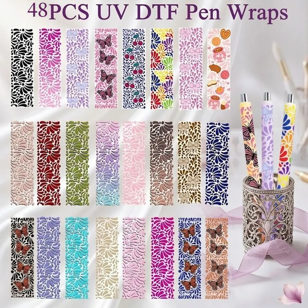 48 Pcs Plastic Bohemian Petal UV DTF Pen Wraps, Waterproof Transfer Decals, Customizable Boho Floral Embellishment Sheets for DIY Blank Pens, Crafting Gifts, Decorative Crafts