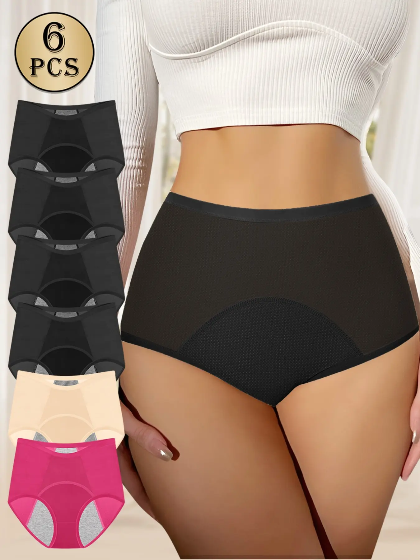 6-Pack Menstruation Safety Pants, Simple Comfortable Design, Waterproof Crotch Support, Hygiene Aid for Plump Americans, Panties