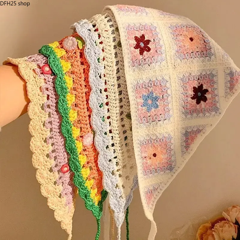 Handmade Crochet Triangle Headscarf for Women, Floral Knit Bandana Head Wrap with Breathable Design for Daily Wear and Summer Styling