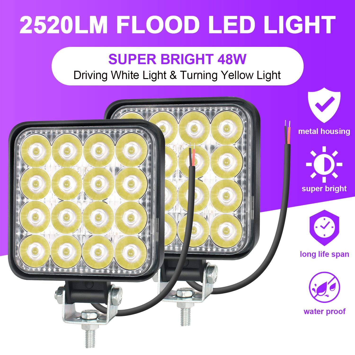 2pcs LED Truck Work Lights, 48W High Brightness LED Flood Light Bar, Work Light Truck OffRoad Tractor Flood Lights 12V-24V Square