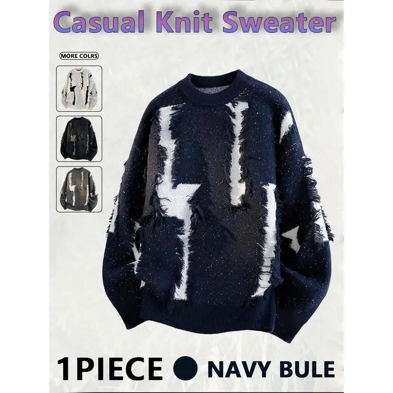 Men's Ripped Drop Shoulder Sweaters, Loose Casual Street Soft Comfy Long Sleeve Round Neck Knit Tops, Jumper for Fall, Fashion Men's Knitwear for Daily Wear, Menswear, Crewneck Streetwear, Graphic Pullover, Casual Cozy Jumper, Stylish Crewneck Top