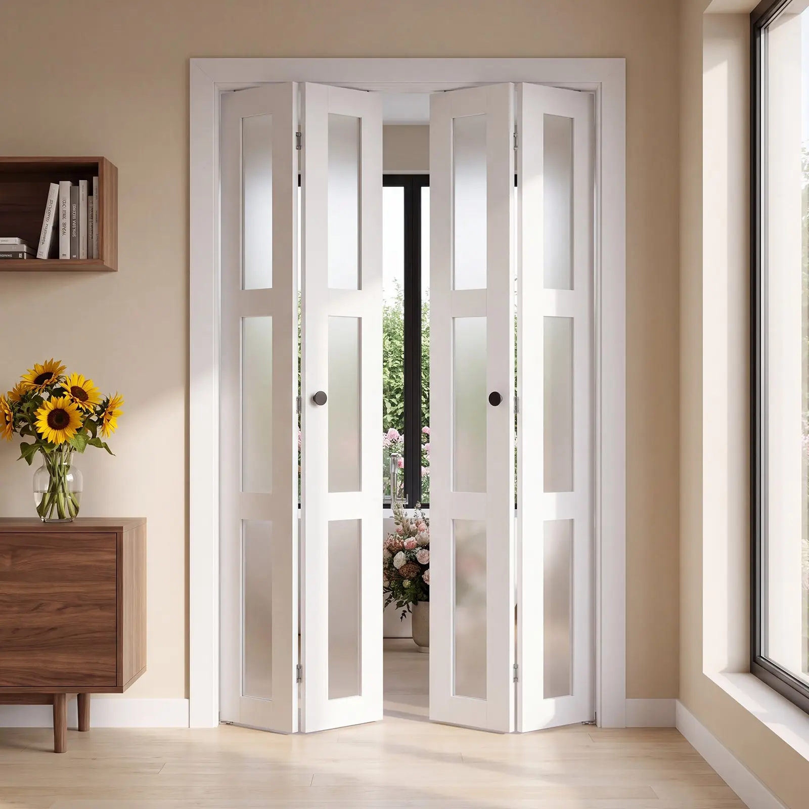 VEVOR Bifold Closet Door, 30 36 48 in x 80 in Bifold Barn Door with 4 mm Frosted Tempered Glass, 2 or 4 Panel, White Wood and MDF Frame, Metal Hardware Kit Included