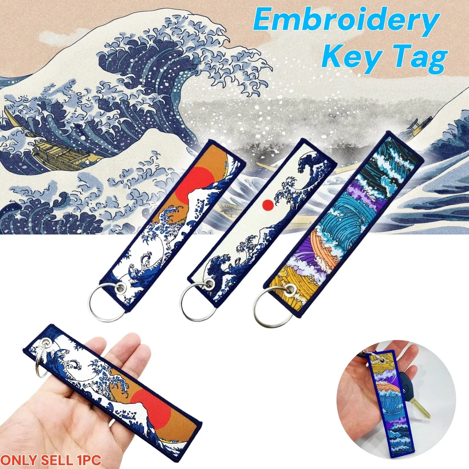 Jdm Style Hokkaido Wave Pattern Embroidered Keychain Key Tag, Car Motorcycle Accessory, Backpack Charm, Ocean Sun Design, Beach Keychain, 1 Piece