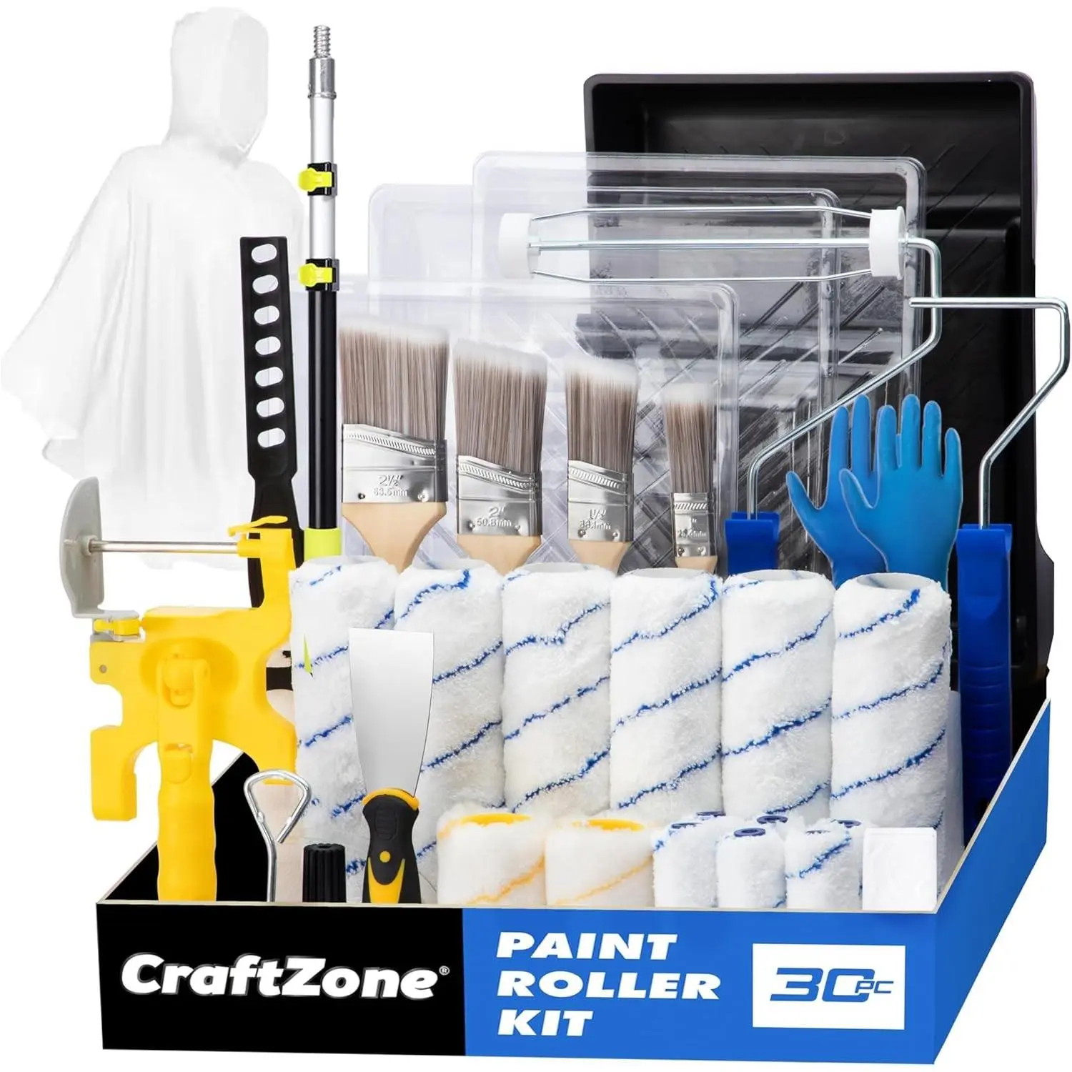 30PCS Paint Roller Kit with 2 to 4 FT Extension Pole, Wall Painting Supplies with 12" Paint Edger Roller Brush, House Painting Set with Rainsuit & Drop Cloth for Home Office Shop Professional Painting