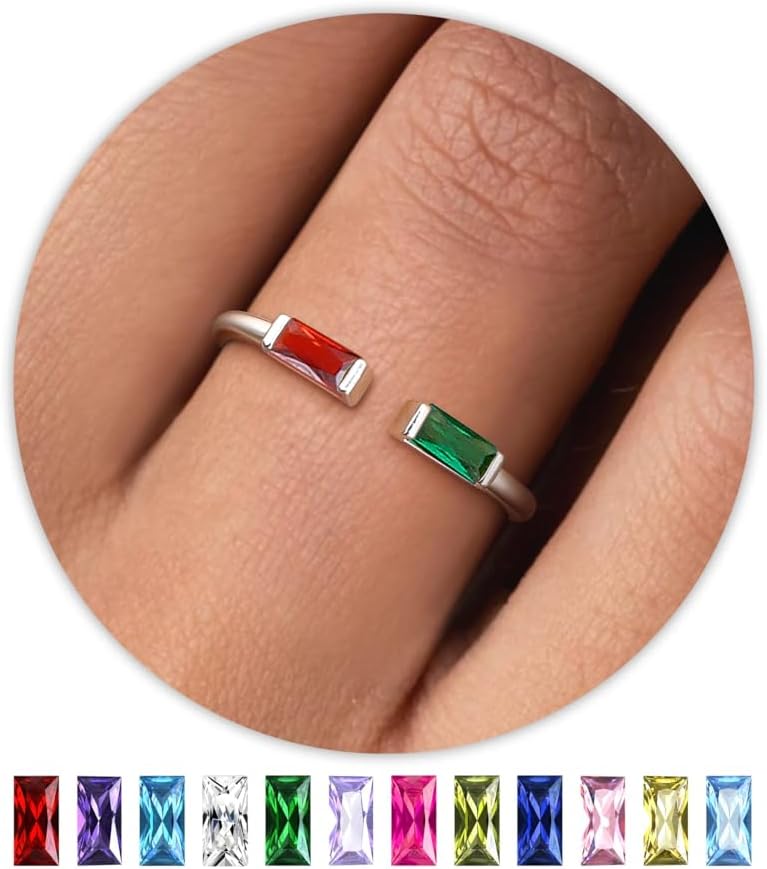 S925 Sterling Silver Birthstone Rings for Women Non Tarnish Dainty Stackable Rings Adjustable Emerald Green Gemstone Baguette CZ Wedding Engagement Promise Ring for Her Birthday Jewelry Gifts