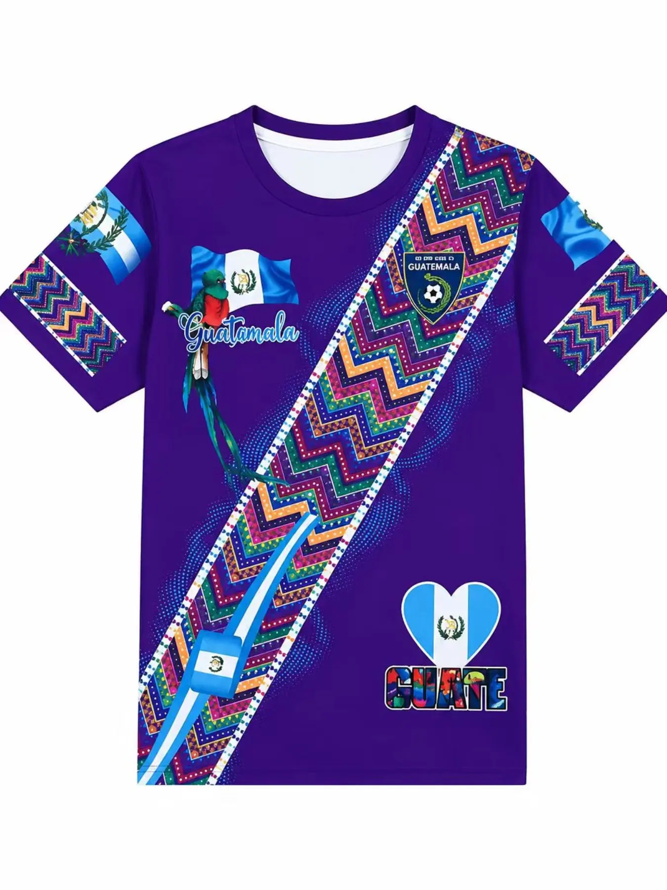 Guatemalan National Pattern Fan Short-Sleeved T-Shirt with Purple Background and Quetzal Bird
