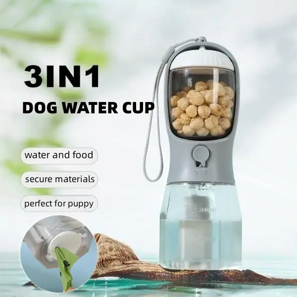 3-in-1 Portable Pet Drinking/Feeding Bottle - Leakproof Lock, 300ml Water Tank, 100g Space Saving Food Storage, Built-in Multi-Zone Poop Bag Compartment, Dog & Cat Travel Accessory for Small/Medium Pets, Space Saving Storage