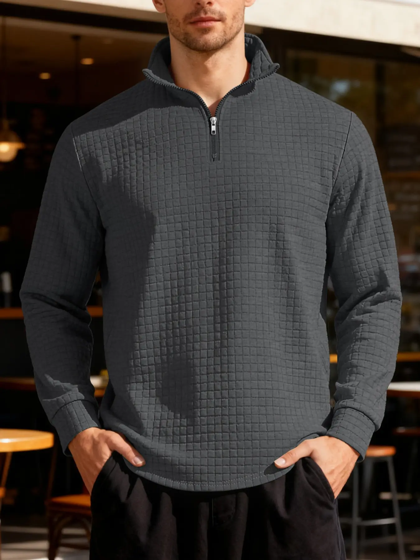 A men's solid color simple casual half-zip Knitwear sweater, comfortable and skin-friendly fabric, small square pattern, exquisite and showing texture, a must- for men's daily wear.