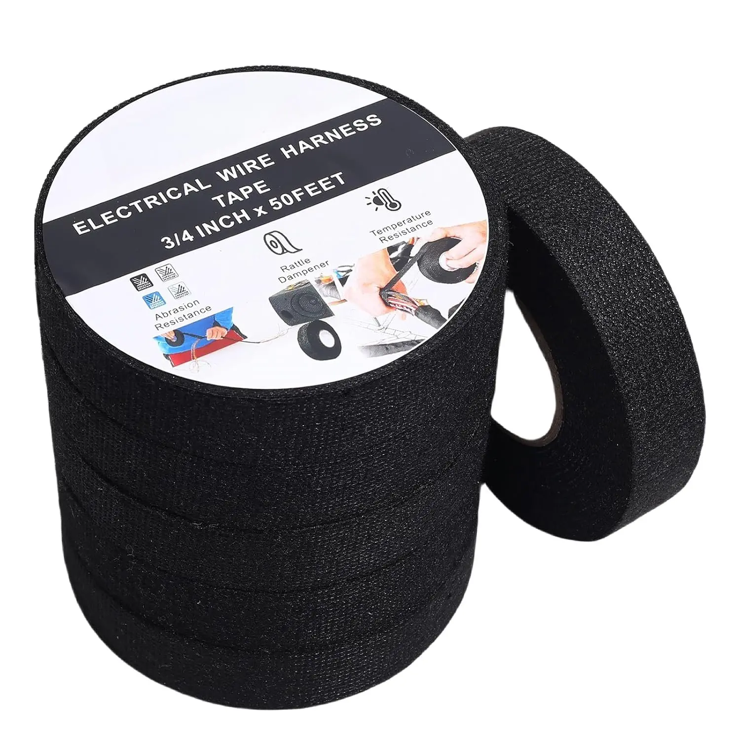 6-Pack Wire Harness Tape,Friction Tape 3/4-Inch by 50-Foot,High Temp Wire  Loom Self-Adhesive Tape for Automobile Electrical and Engine Wire Noise Dampening,Audio Wire Harness