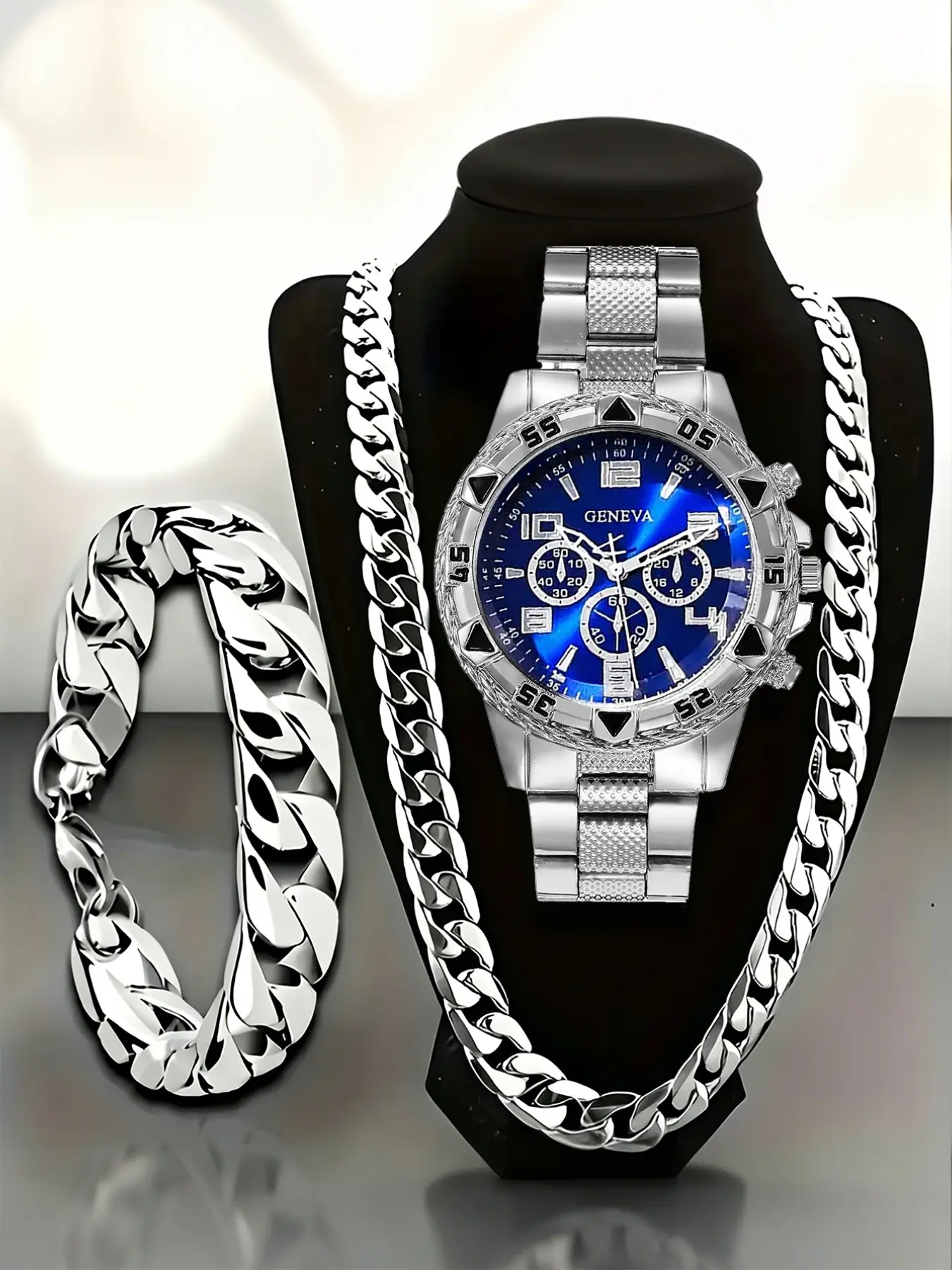 Men's Fashion Round Dial Analog Quartz Watch Set, Includes Cuban Bracelet and Necklace, Perfect Gift for Daily Wear and Travel