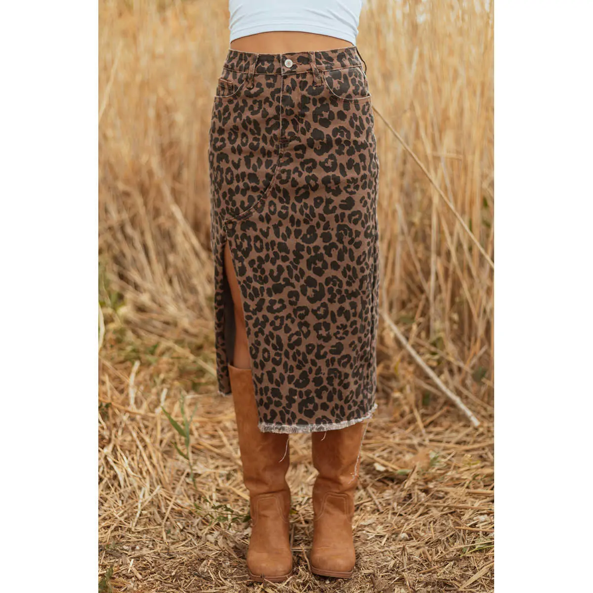 Women's Bold Leopard Print Fashion Long Denim Maxi Skirt - Trendy Frayed Raw Edge, Front Slit, Functional Side Pockets, Relaxed Silhouette - Everyday Statement Style Casual Bottom, Denim Skirt, Long Skirt