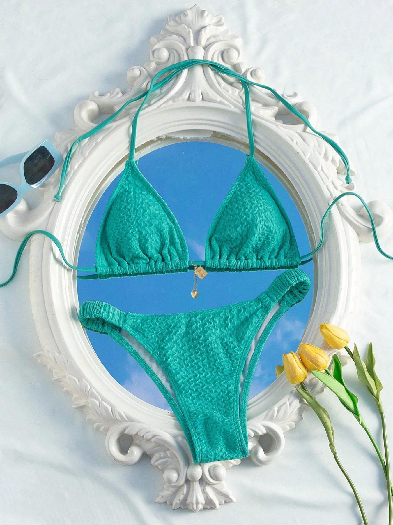 Two-Piece Set Women's Textured Bikini Set, Halter Triangle Swim Top & High Cut Two Piece Swimsuit, Ladies Summer Swimwear, Beach Bikini Set, Adjustable Strap Bikini, Triangle Bathing Suit