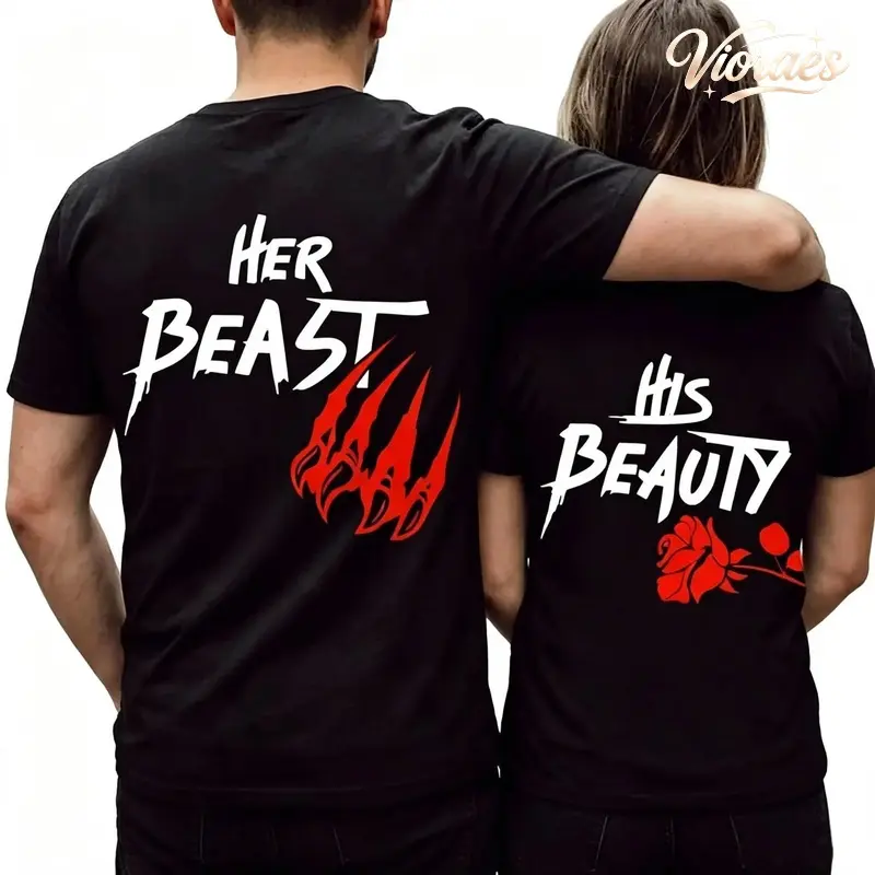 Her Beast His Beauty Couple T-shirt, Matching Outfits For Couples, Valentine Day Gifts, Couple Gifts, Anniversary Shirts, Trending Couple TEE Clothes fabric