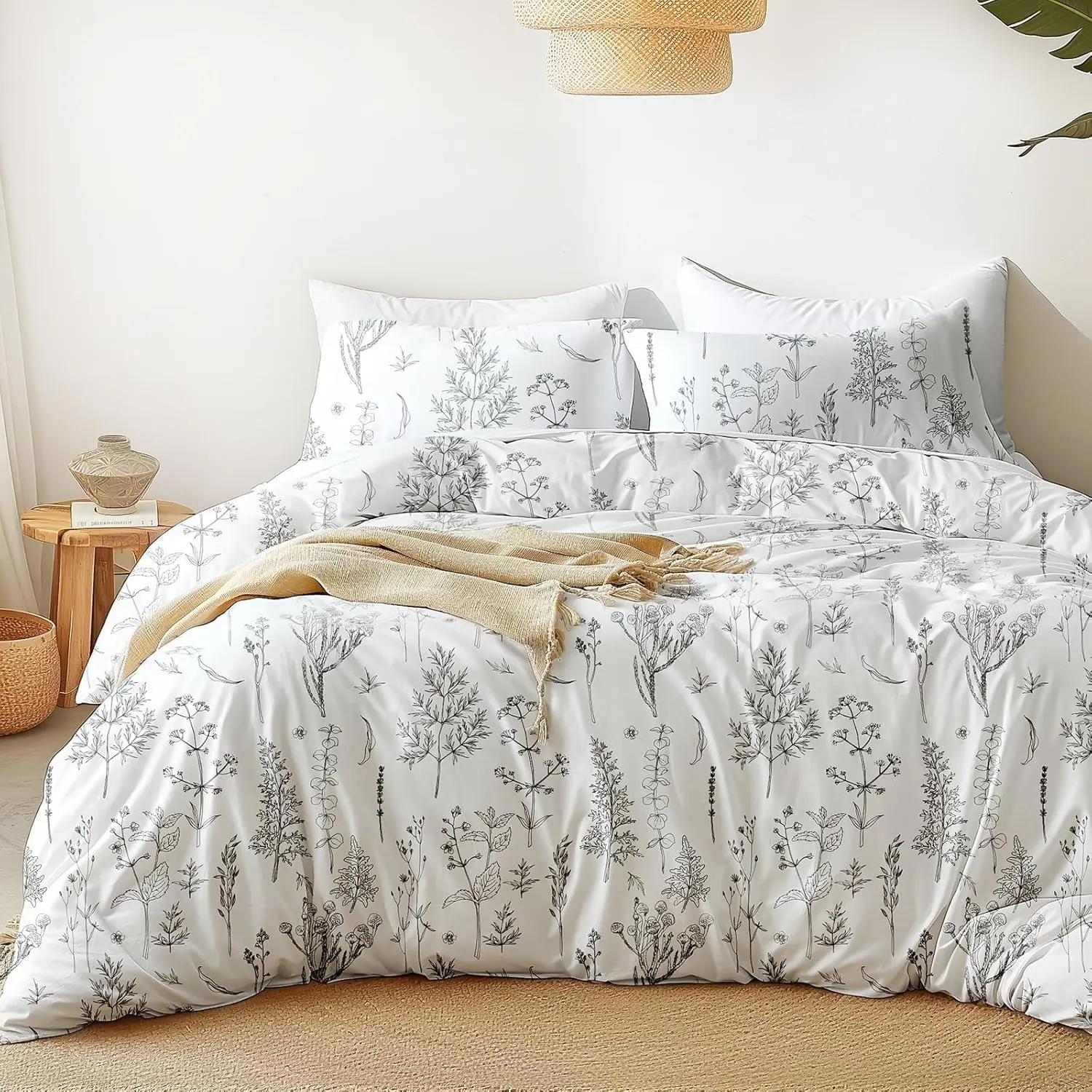 White Queen Size Comforter Set - Queen Comforter Set, 3 Pieces Cute Floral Bedding Sets for All,1 Soft Reversible Botanical Flowers Comforter and 2 Pillow Shams