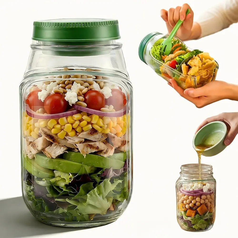 Portable Salad Container with Leak-Proof Seasoning Compartment, Vertical Layer Design, Side Opening, Reusable, Plastic Food Containers with Lids, Ideal for School, Office, Travel, Outdoor Activities