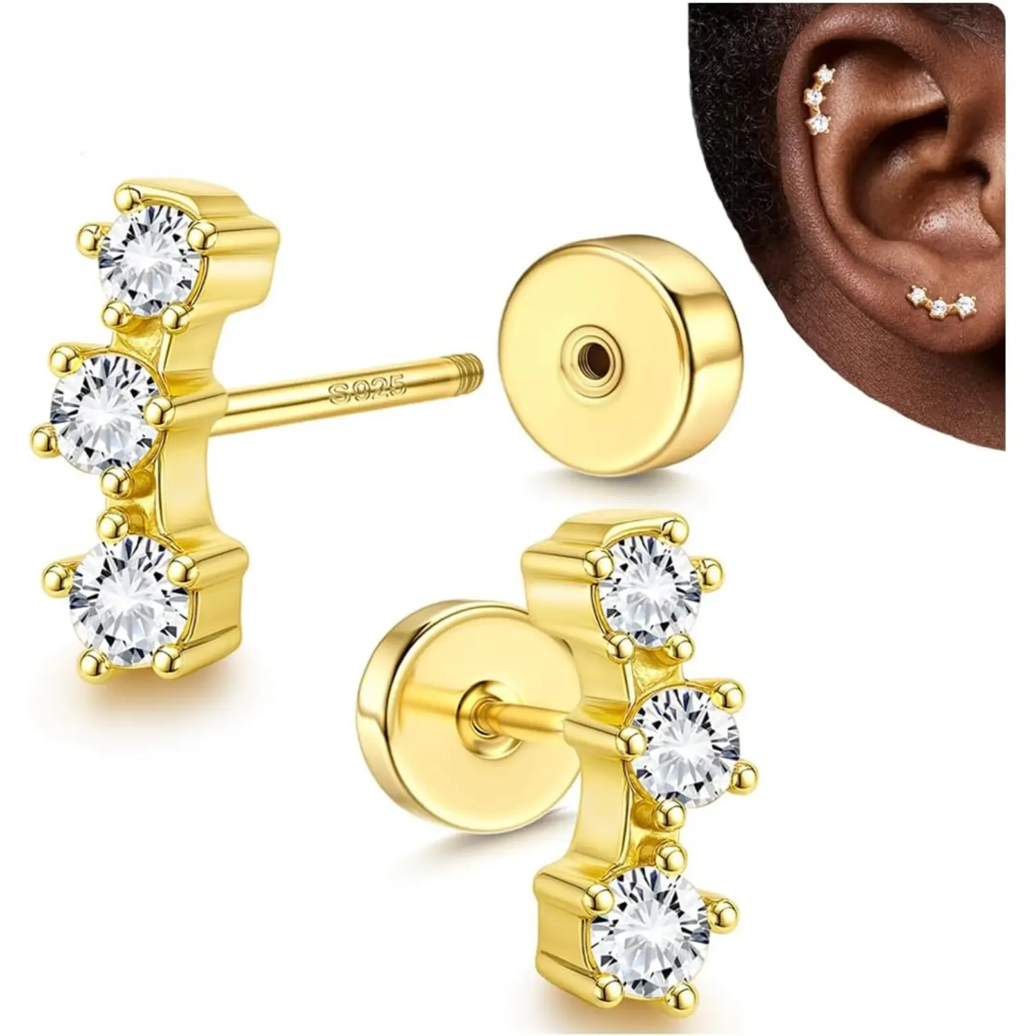 1 Pair Silver 20G Flat Back Stud Earrings, Cartilage Crawler Earrings | Delicate Flat Back Helix Tragus Conch Studs for Multiple Piercings, 18K Gold & Silver Plated Piercing Jewelry