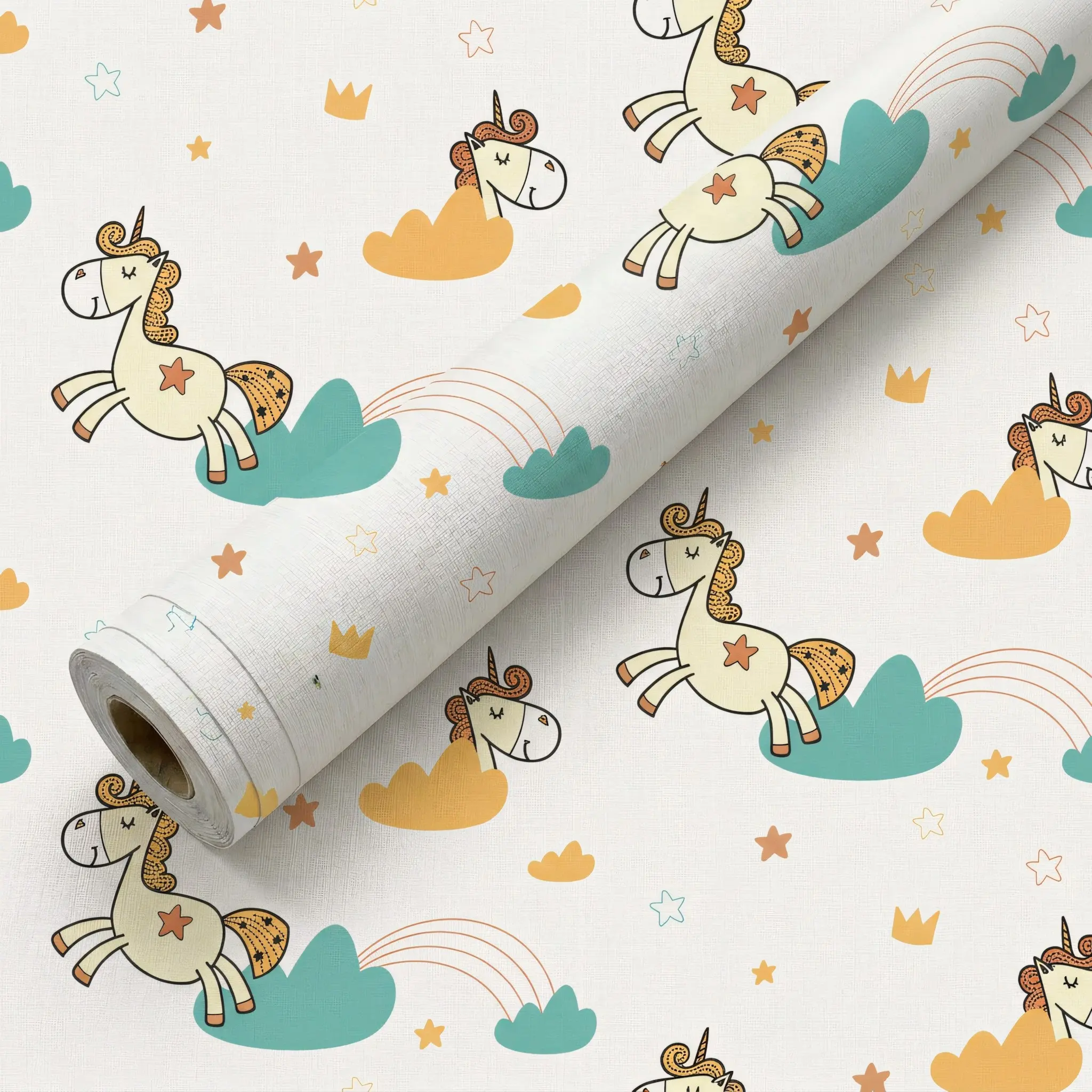 1 Roll 17.5in Width White Background Cartoon Unicorn Cloud Rainbow Peel and Stick Wallpaper, Waterproof Easy to Clean Cuttable Removable Wall Decals for Girls Bedroom Nursery Playroom Cabinet Rental Home Decor, Waterproof Wallpaper for Bathroom