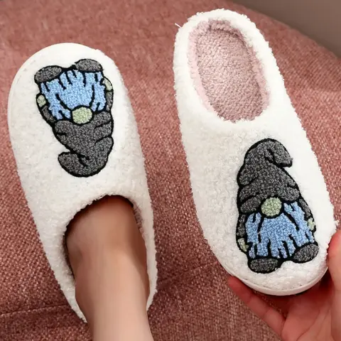 Soft Plush Christmas Slippers, Creative Embroidered Santa Claus Gnome Elf Design, Cozy Warm Indoor Outdoor Anti Slip Slippers Shoes for Men Women Fall Winter, Warm House Slippers Non Slip Slippers