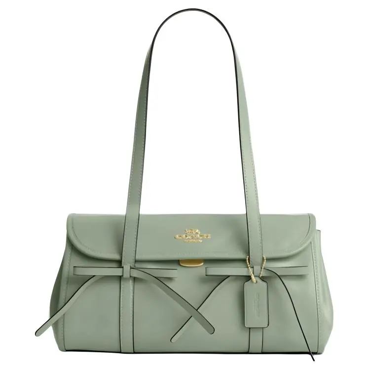 Coach Bridget 34 Bow-Embellished Classic Gold-Tone Shoulder Bag for Women, Smooth Grain Leather, Oversized, Sage Green