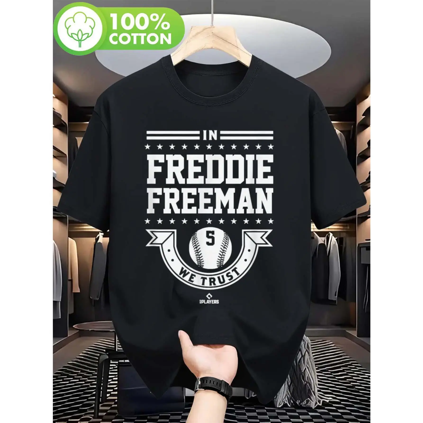 Women's Plus Size Cotton Round Neck Short Sleeve Freddie Freeman "We Trust" Los Angeles Baseball Jersey - Vintage-Inspired White Normal Type Top, Red & Blue Freeman #5 Logo, Breathable, Durable Fan Apparel, Machine Washable All-Season Casual/Sports Wear,,