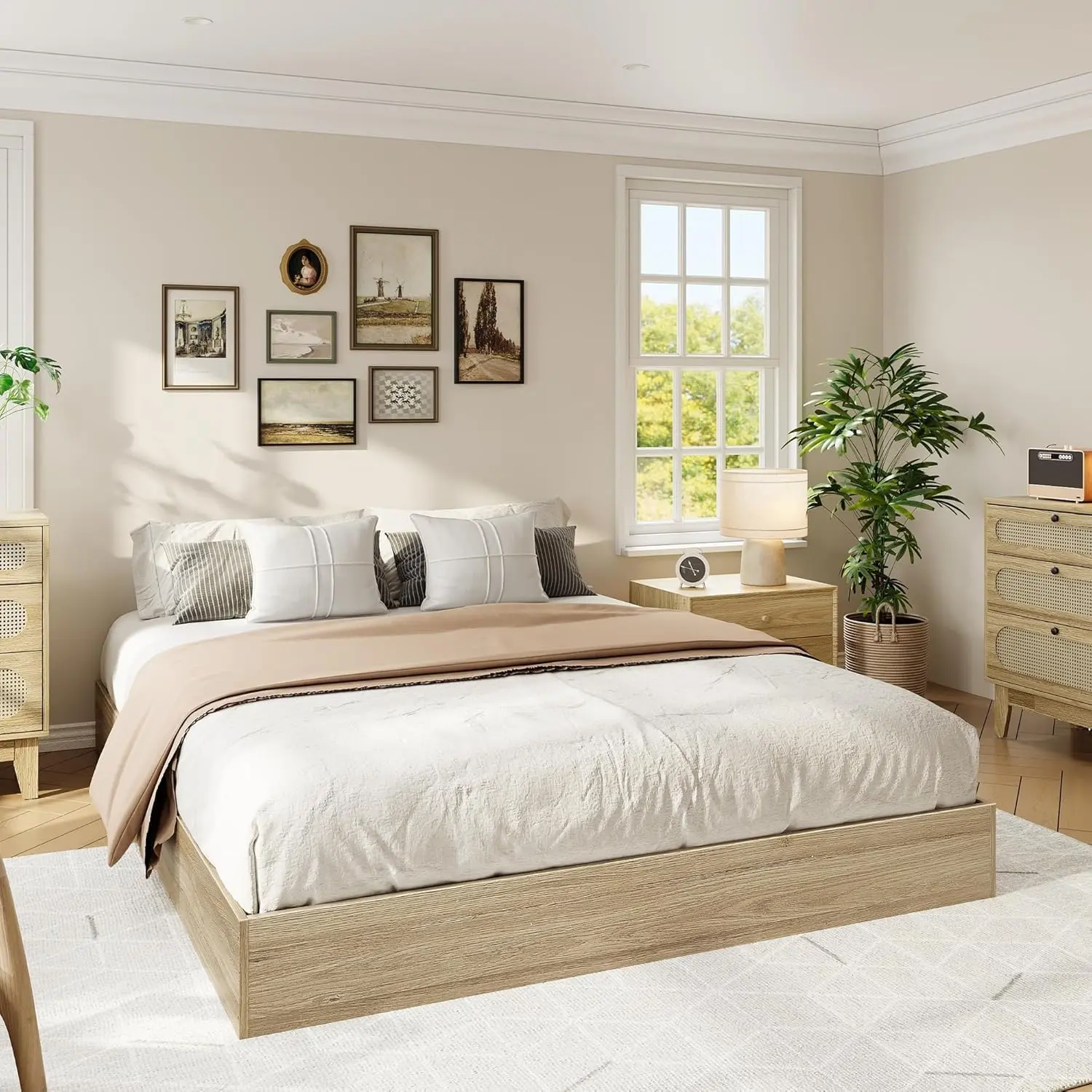 Garvee Solid Wood Platform Bed Frame with Sturdy Wooden Slats, Modern Minimalist Floor-Standing Bed Frame, Space-Saving Design, No Box Spring Needed, Easy Assembly Bedroom Furniture