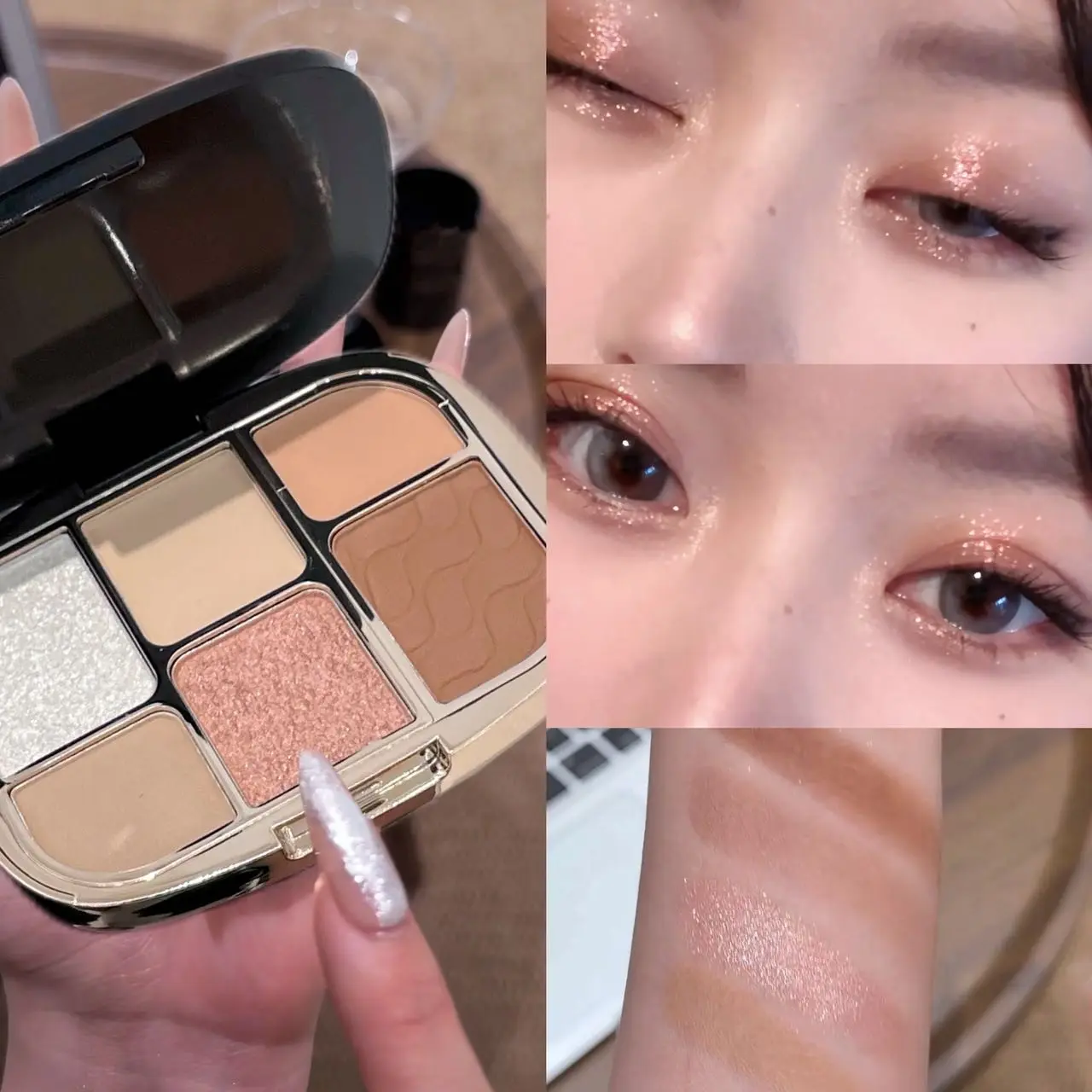 6 Shades Neutral Brown Eyeshadow Palette matte base & subtle glitter, reduce puffiness for daily office makeup