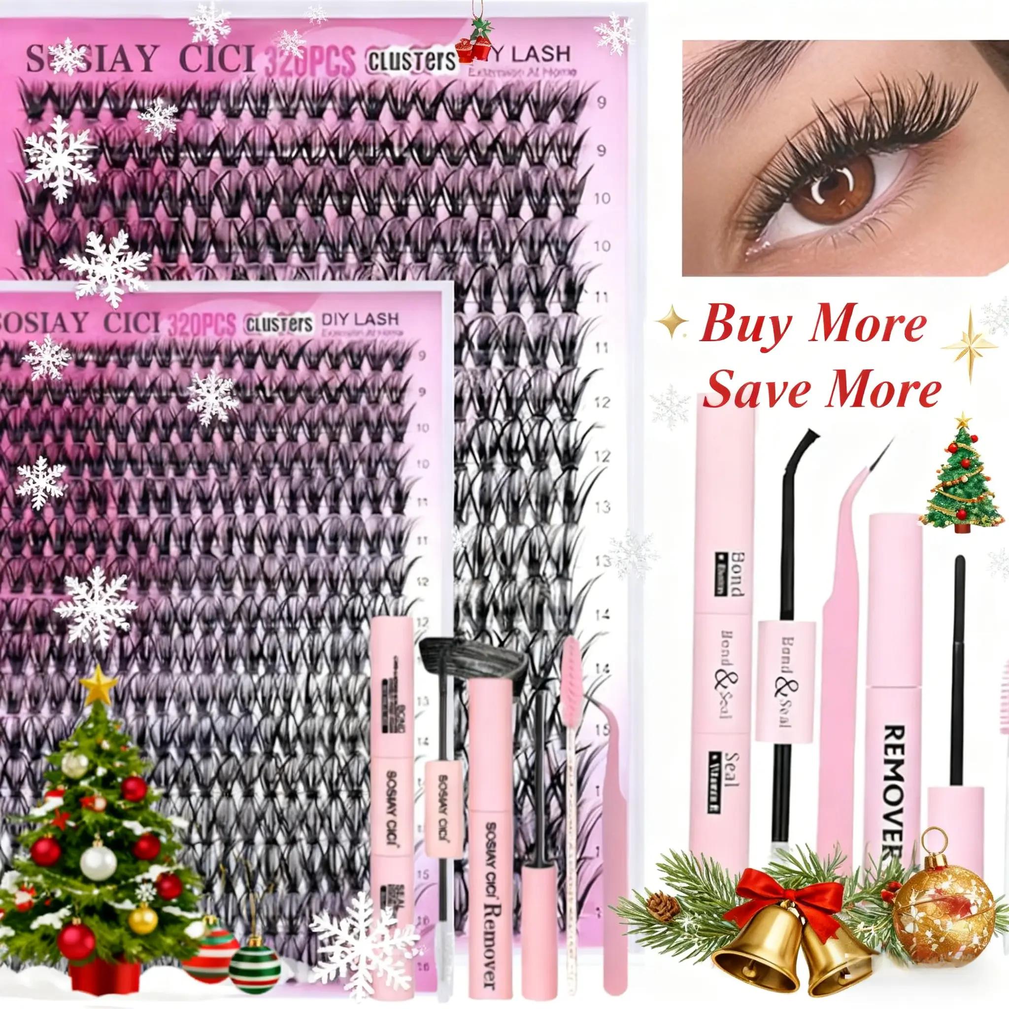 SOSIAY CICI DIY Lash Extension Kit Summer Style, 320PCS D Curl Lash Clusters 9-16mm Mixed Length, Full Tool Kit with Bond & Seal, Tweezers & Remover, Beginner Friendly At Home Lash Set, Mother's Day Gift