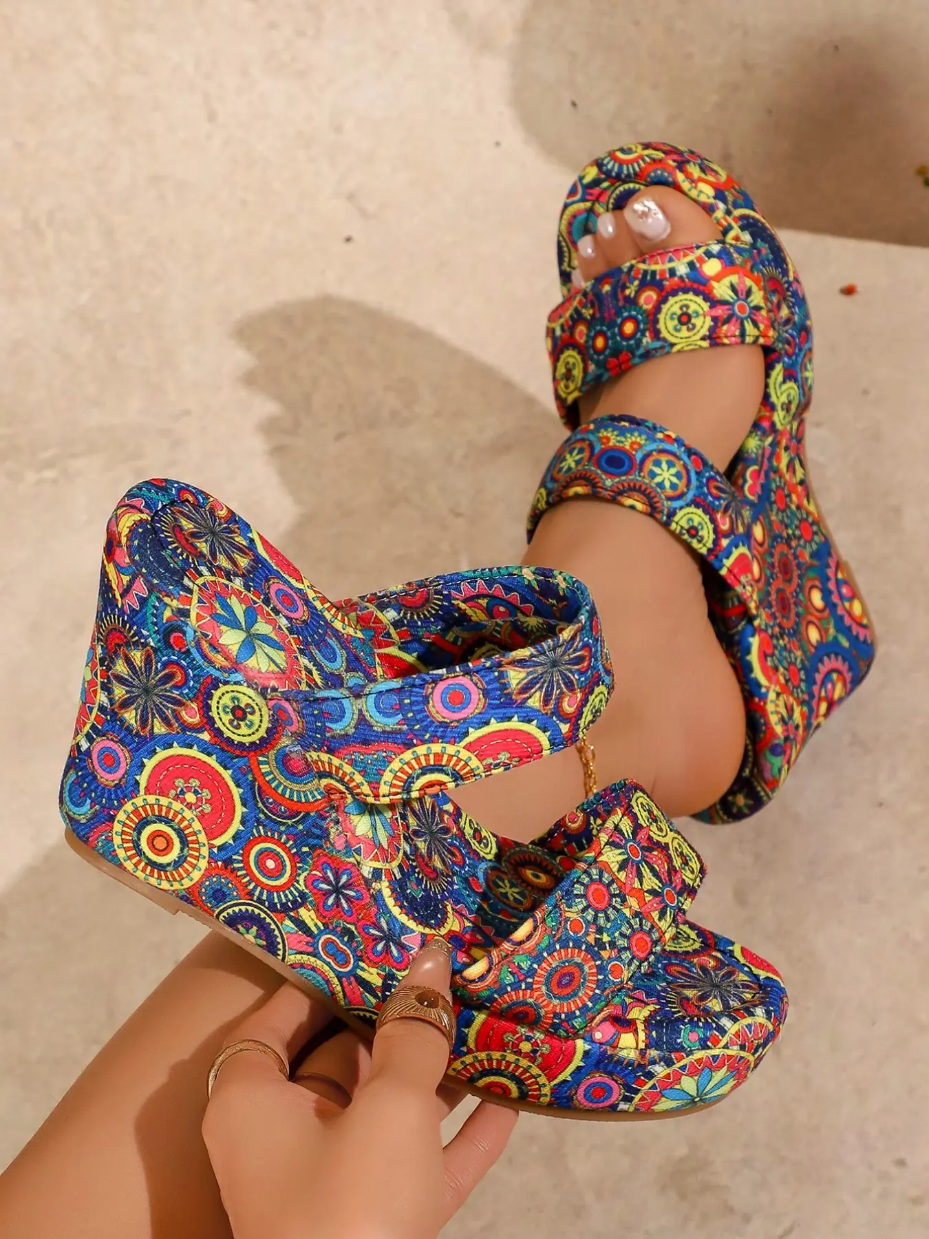 Women Bohemian Mandala Floral Print Wedge Slide Sandals, Open Toe Double Wide Strap, Plus Size Summer Beach Resort Shoes, Floral Wedges