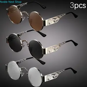 Unisex 3-Pair Personalized Sunglasses Set, Hollow Double Dragon Bead Metal Frames with Custom Print Temples & Nose Pads, Vintage Lightweight Comfort Eyewear for Daily Casual Fashion