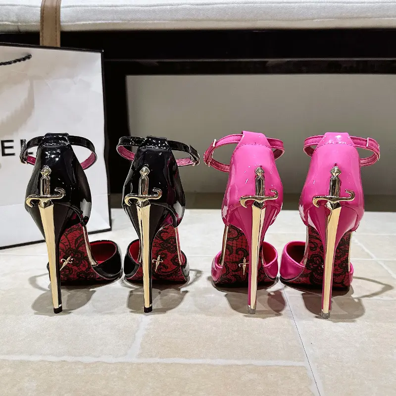 Women's Gold Scepter Stiletto High-Heeled Trendy Sandals - Summer New Style, Sexy Sophisticated, Single Strap, Hollow Design, Red Sole, Patent Leather, Buckle Closure, Sizes 36-43, Rubber Sole, Hollow Toe