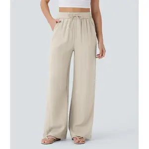 Women's Drapey Linen Wide-Leg Sports Bottoms - Lightweight, Breathable Summer Casual Trousers with Side Pockets, Soft Smooth Fabric, Reinforced Stitching, Relaxed Fit for Beachside Leisure