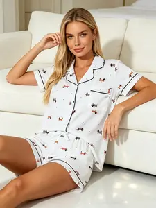 Playful Puppy Dachshund Print Women's Short Sleeve Cardigan & Shorts Pajamas Set, Spring Summer Suitable, White Base, Black Trim, Playful Cute Style Cozy Loungewear for Home Rest & Daily Life