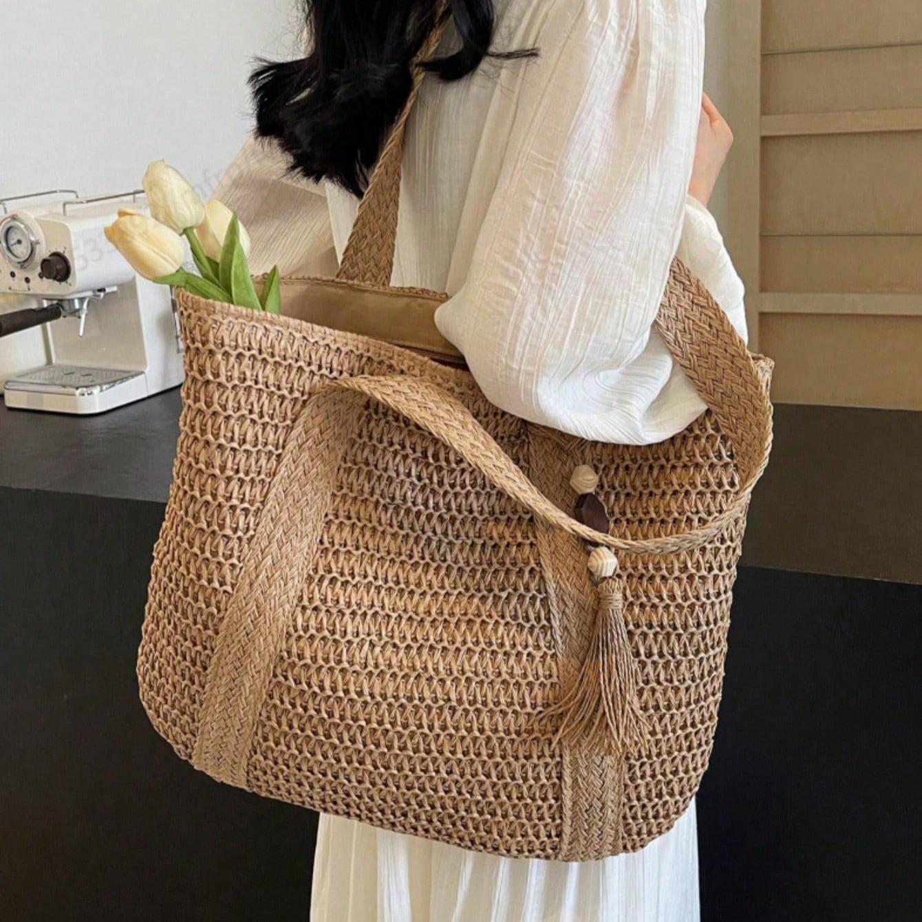 New Fashionable Versatile Tote Bag, Beach Vacation Bag, Lightweight Elegant Design Straw Woven Boho Style Shoulder Bag, Handbag, Large Capacity, Suitable For Women, College Students, Teenagers, With Tassel Pendant, Summer Straw Beach Bag For Women, Vacat