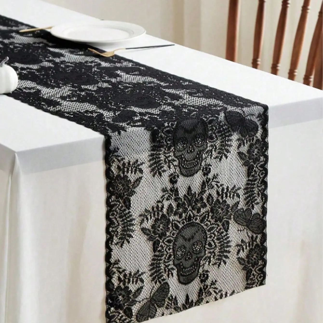 Lace Skull Print Table Runner, Halloween Themed Skeleton Tablecloth, Spider Web Design, 30x45cm, Polyester, Home & Bar Decor