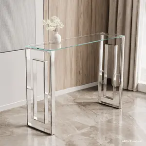Silvery BS-02 S Stainless Steel & Reinforced Glass Rectangular Console Table, 47.24"L x 15.70"W x 30.70"H, Compact Modern Indoor Furniture, Mid-Size Dining Table Alternative, Easy Assembly, Silver/Transparent