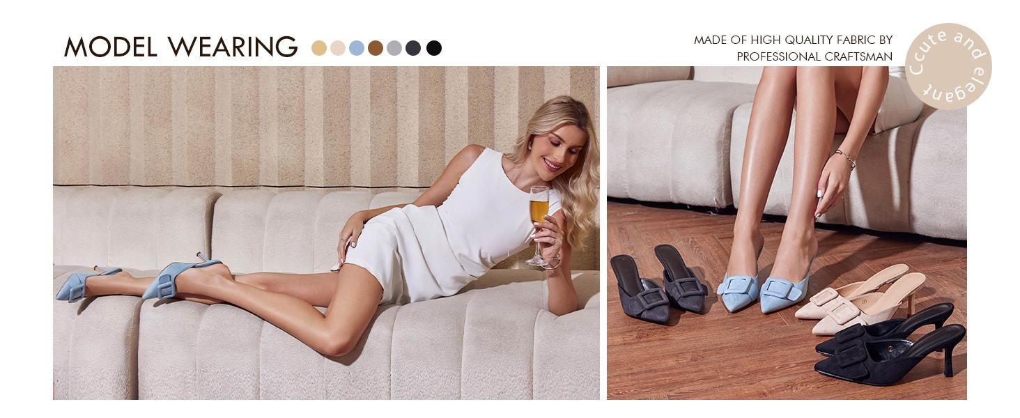 Coutgo Women's Heeled Mules Pointed Toe Suede Buckle Slip On Sandals Kitten Heels Party Wedding Shoes