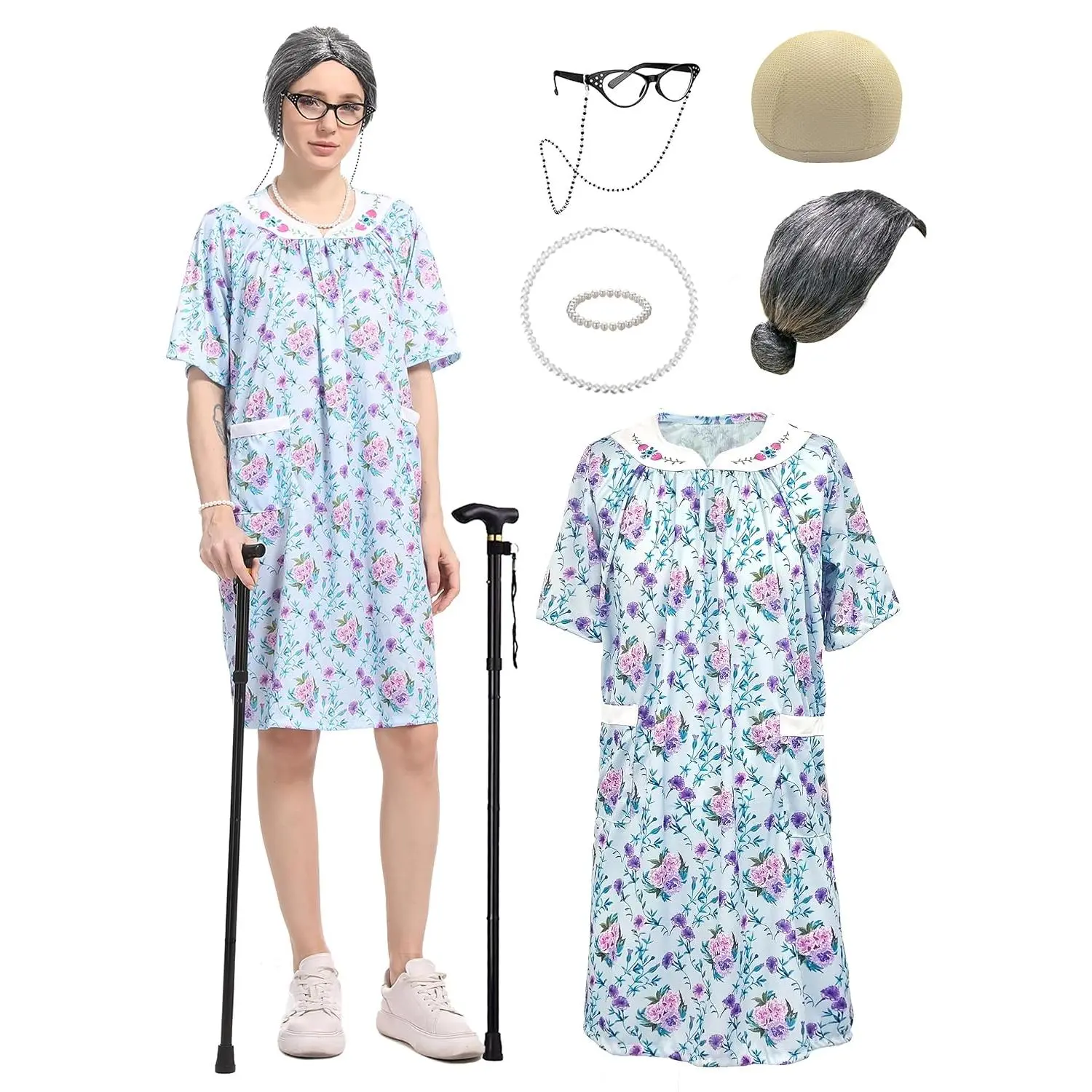 Cupohus Women's Old Lady Wig Costume Set, 100 Days of School Adult Granny Dress Cosplay, 8PCS Set- Grandma Wig and Cap, Retro Glasses with Chain, Faux Pearl Jewelry, Cane, Blue Floral Dress Outfit