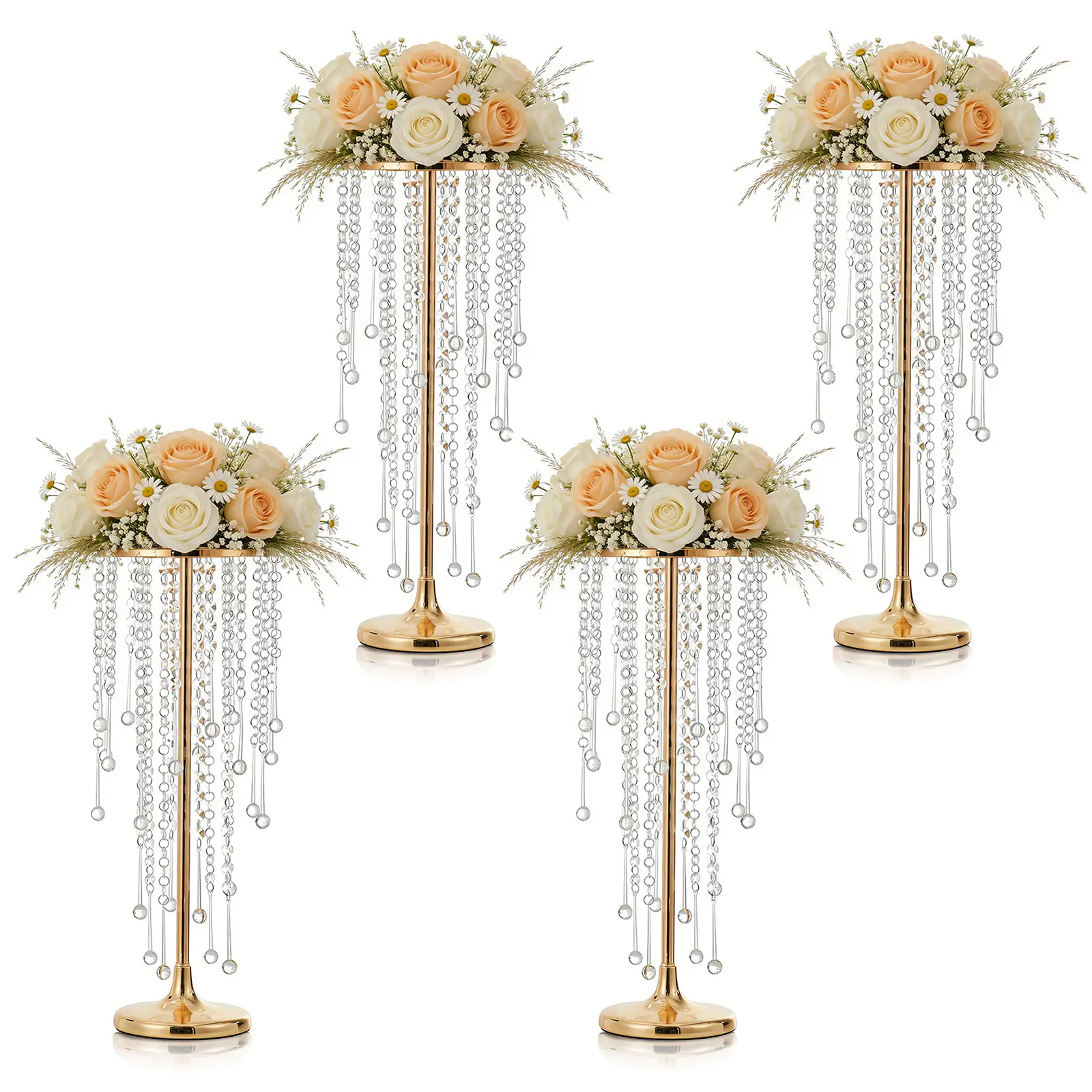 4PC Gold Metal Candle Holder Centerpiece with Crystal Bead Vases – Modern Rust-Resistant Table Decor, Elegant Flower Stand