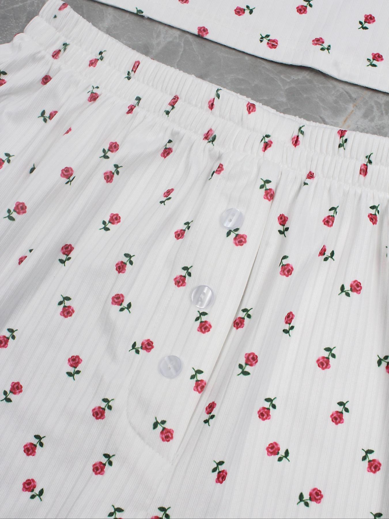 Women's Floral Print Crop Top & Shorts Cute Loungewear Two-Piece Set, Casual Comfy Short Sleeve T-Shirt & Shorts PJ Set, Ladies Summer Sleepwear, Pajama