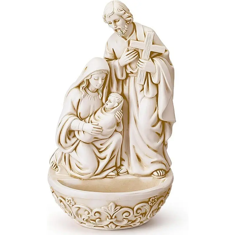Antique Ivory Holy Family Holy Water Font Statue, Resin Stone Mix Bowl, Floral Carved Base, Catholic Blessing Holder, Ornate Religious Decor, Perfect Gift, Religious Decorations