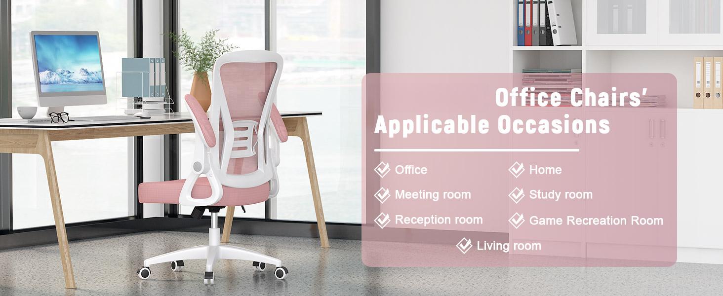 Ergonomic Office Chair, Computer Chair with Adjustable Height, Flip-Up Arms and Lumbar Support, Breathable Mesh Desk Chair for Home Study Working (Without Headrest, Pink)