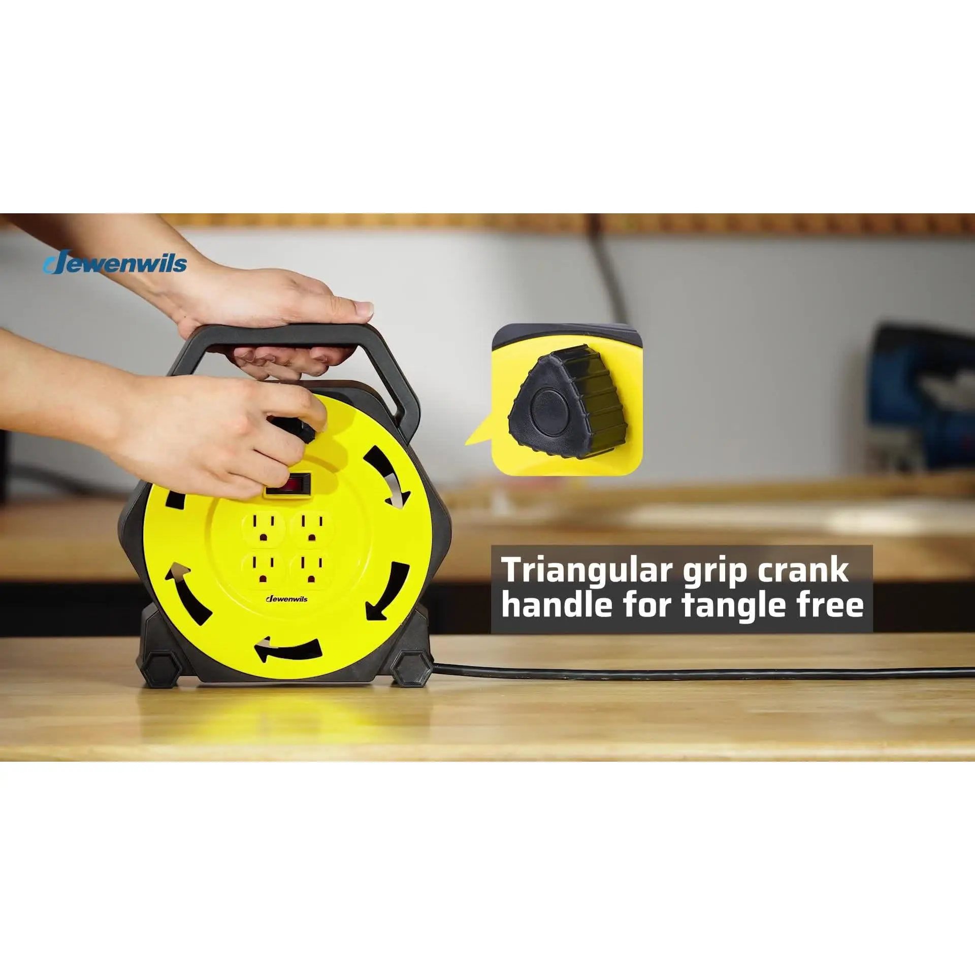 25ft Retractable Extension Cord Reel - 120V/60Hz 16AWG SJTW Black Cable, 13A Circuit Breaker Switch