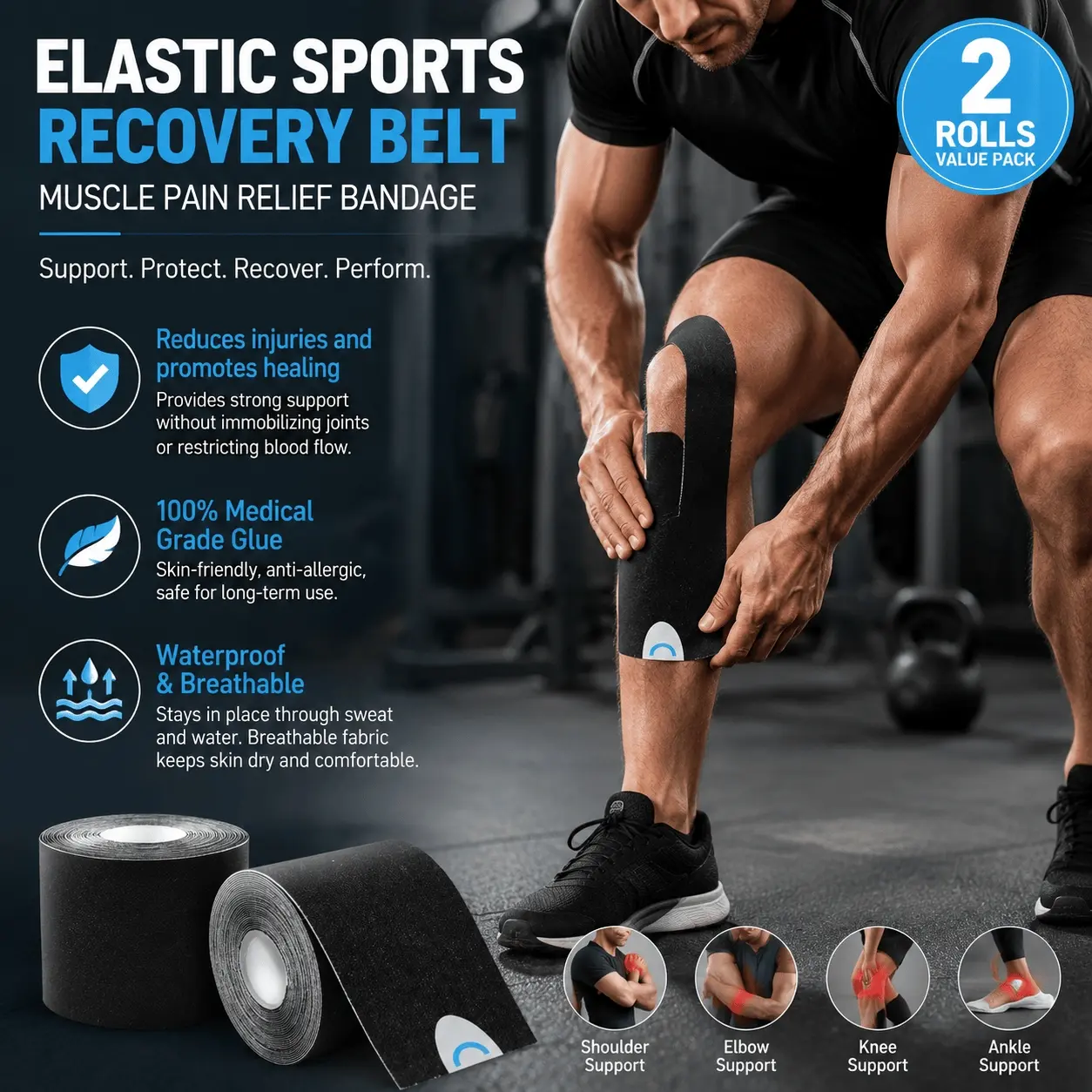 2-Pack Waterproof Kinesiology Tape, 6 Colors Elastic Uncut Roll & Knee Strips for Muscle Support, Pain Relief, Sports & Daily Recovery