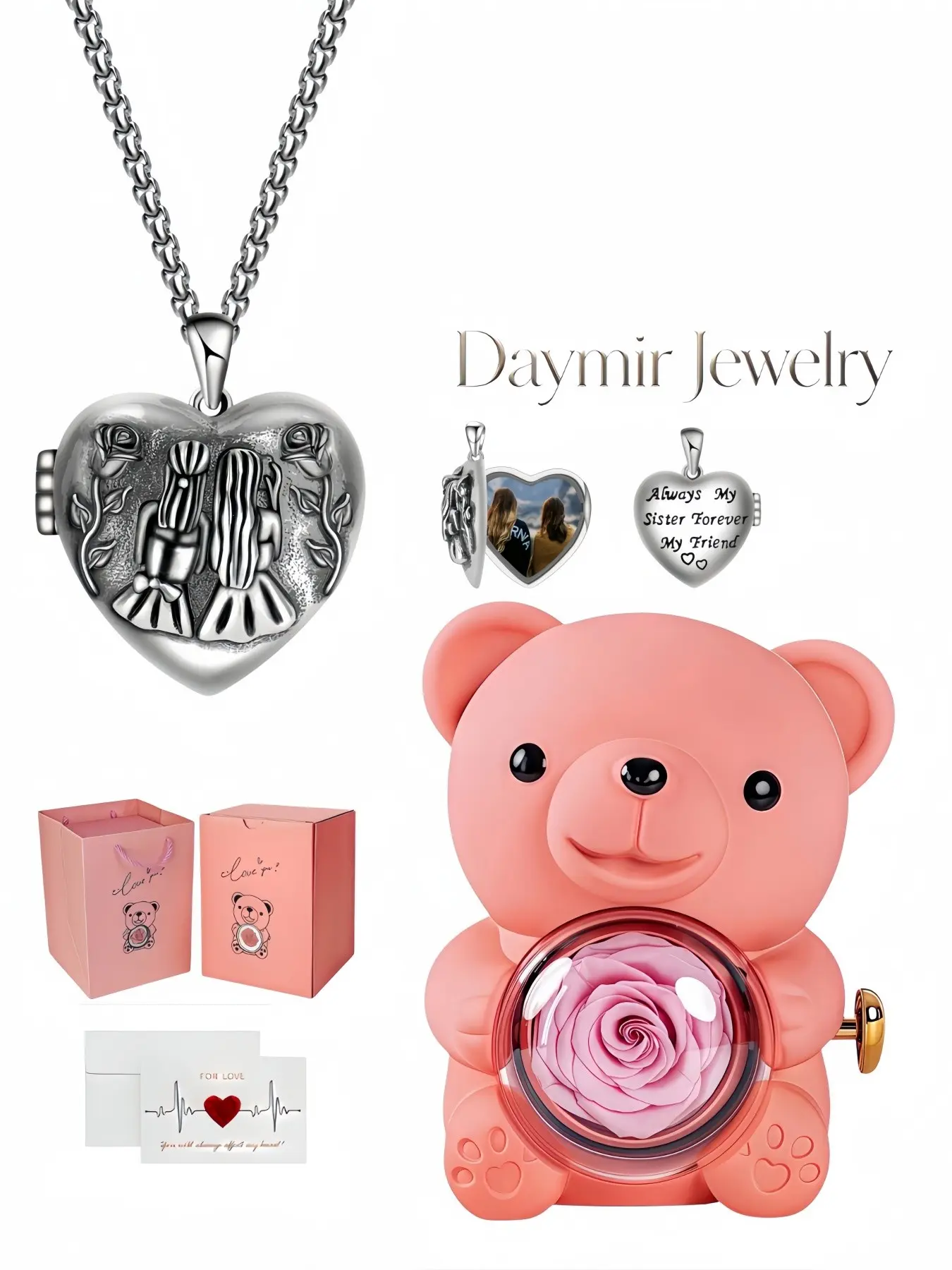 Hand‑made openable heart photo locket necklace for best‑friend keepsake. Matched with lovely rotating rose‑bear jewelry box as a mysterious gift for sisters’ birthday, back‑to‑school, anniversary and Christmas.