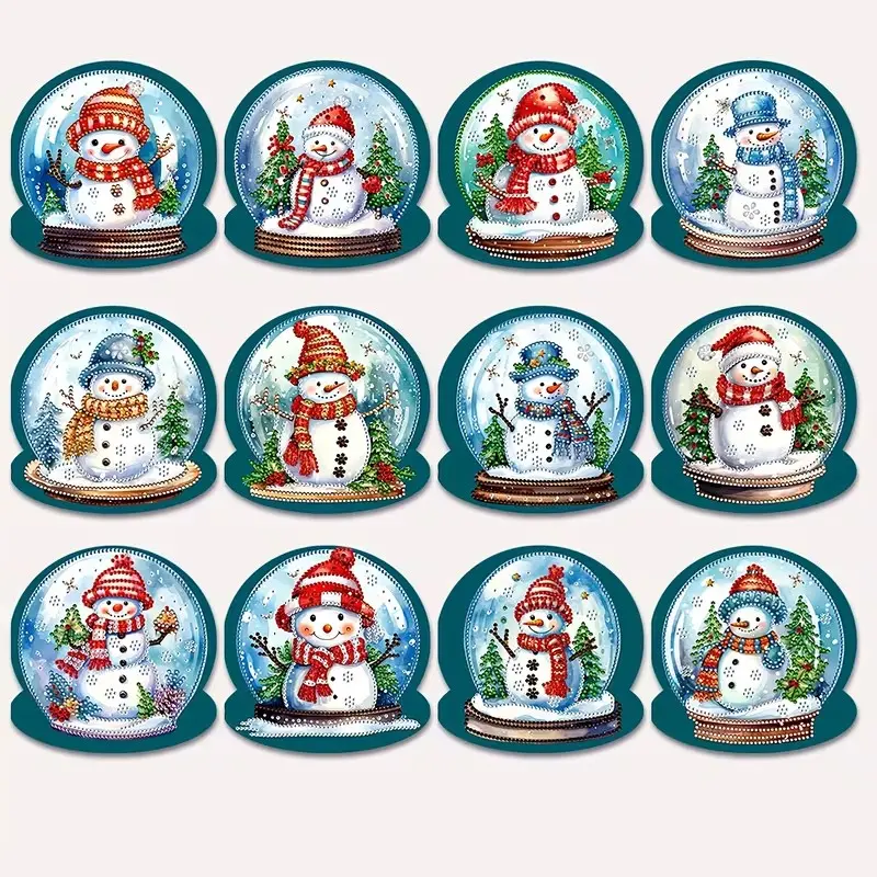 12pcs Diamond Painting Kit Christmas Theme Crystal Snowman Greeting Card, Handmade Gift, Creative Craft, Holiday Card, DIY Card Set