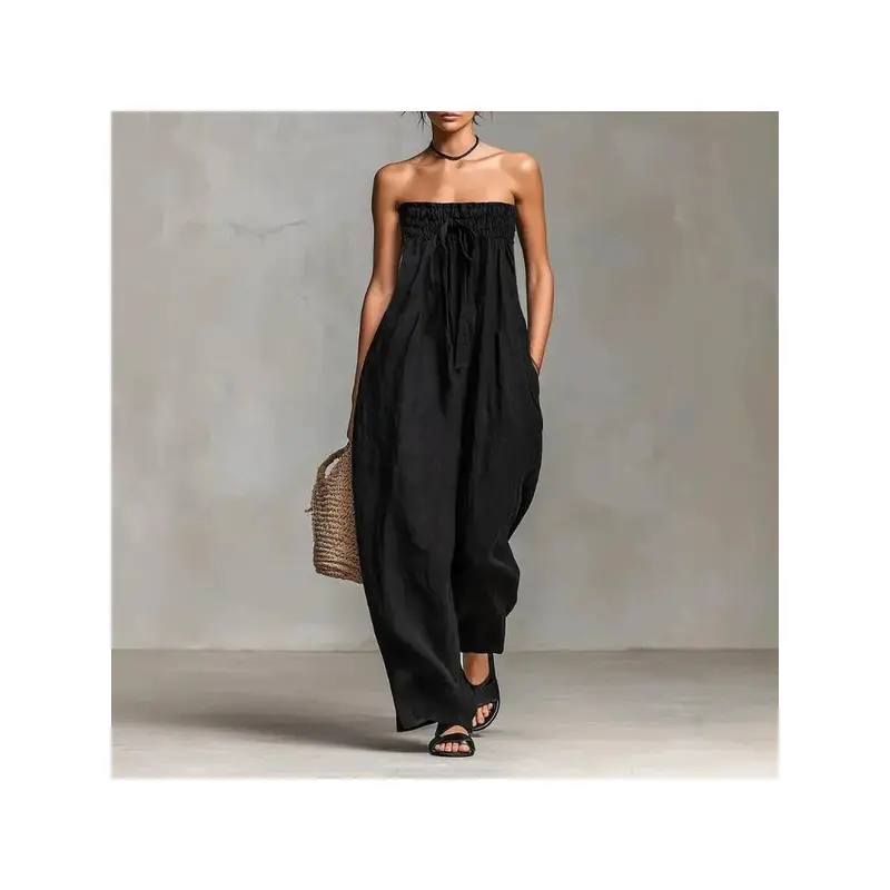 Women's Casual Plain Loose-Fitting Off-Shoulder Sleeveless Strapped Wide-Leg Jumpsuit Romper, Sports & Outdoor Casual Clothing for Polished Clean Look