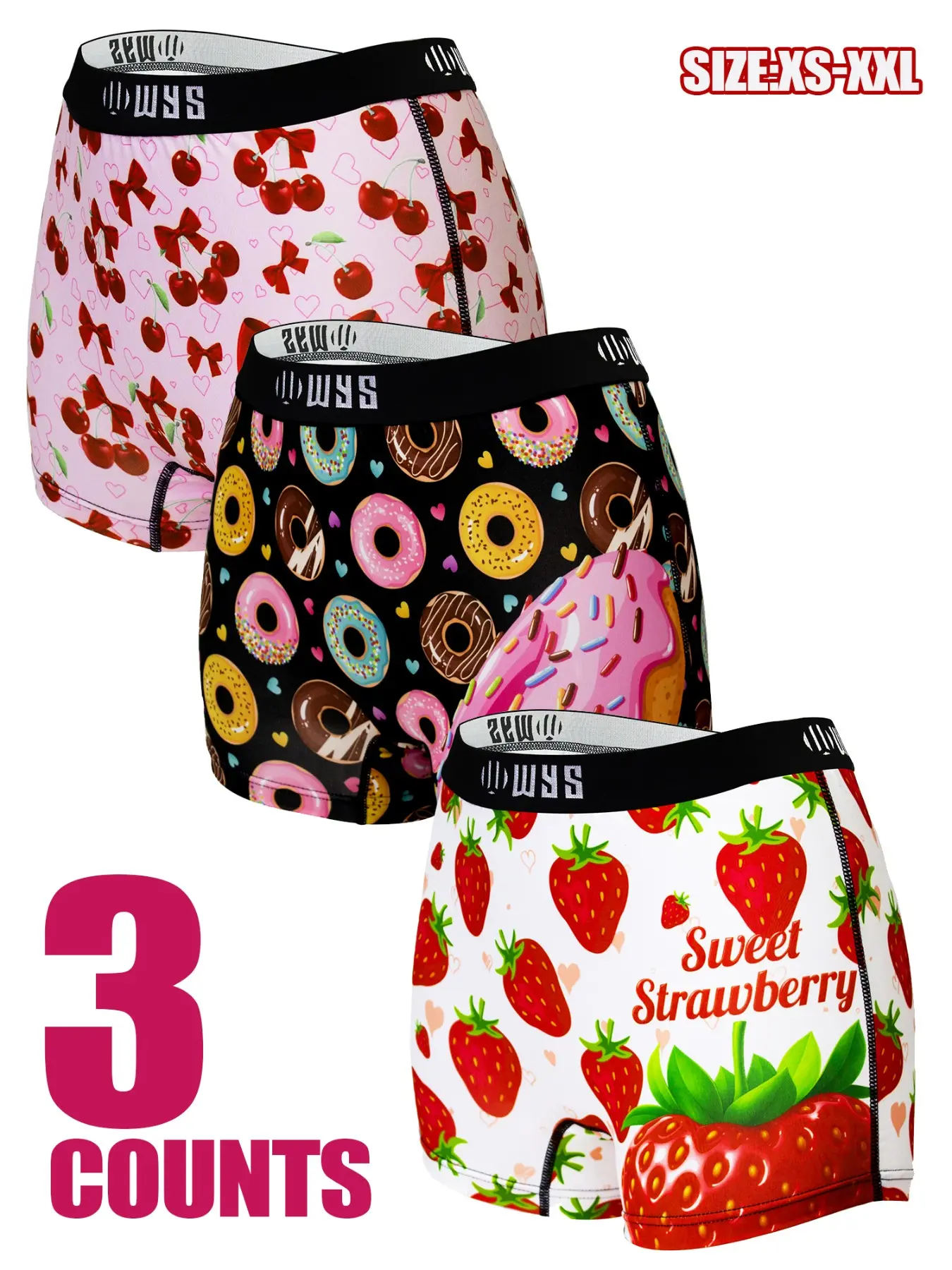 3-Pack Women's Briefs, Comfortable Breathable Underwear, Elastic Sport Shorts, Digital Print, Cute Fruit Patterns, Fashionable Trendy