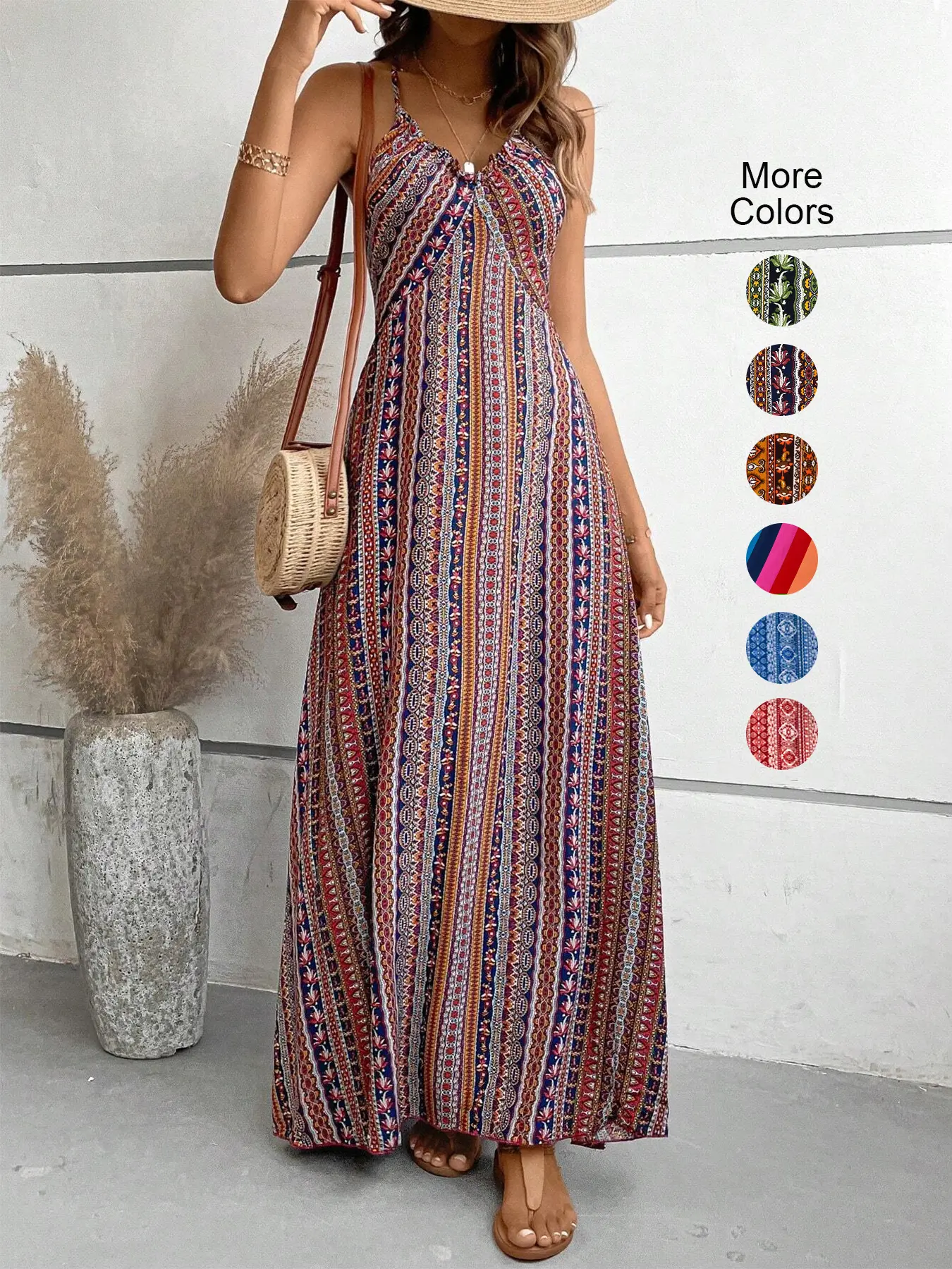 Women's Printed Split Long Sleeveless Dress, Classic Stripe Design, Backless Criss Cross Strap, Spring Summer Fall Wear, Casual Boho Elegant Bohemian Style Womenswear, Boho Summer Dresses